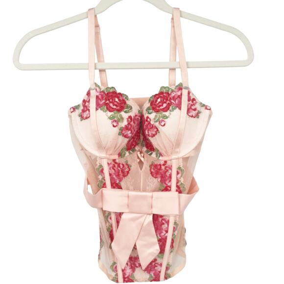 Victorias Secret VS Womens Floral Embroidered Mesh Lace Corset Top Size 36B Pink - Picture 1 of 9